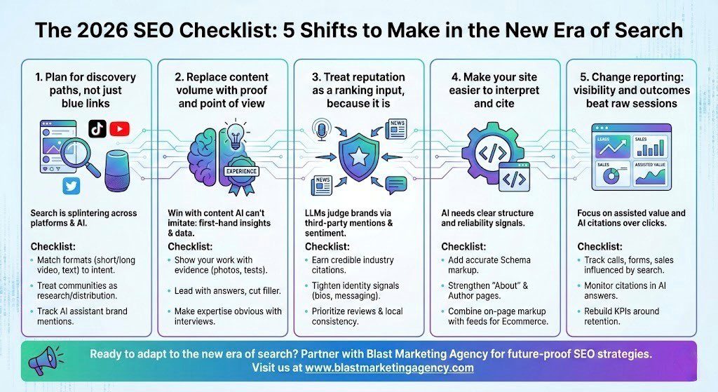 2026 SEO checklist covering discovery, content quality, reputation, structure, reporting