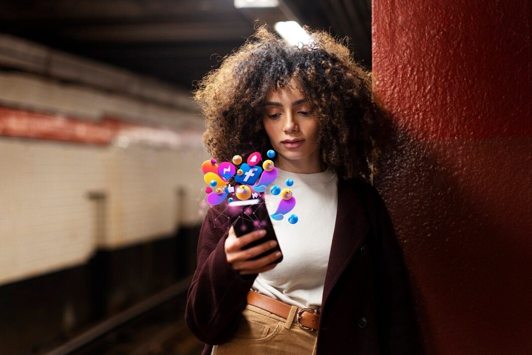 Woman using smartphone for social media marketing